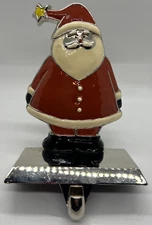 Vintage Santa Christmas Stocking Hanger Holder Enamel Silver Chrome Base Hook