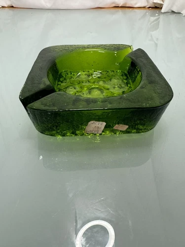Blenko Green Bubble Base Thick Heavy Glass 2 Slot Ashtray