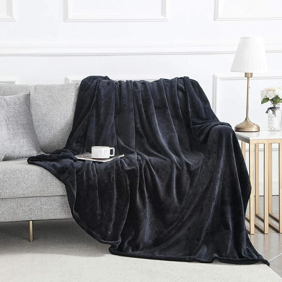 Black Mink Fleece Throws Super Soft Reversible Twin Queen Size Sofa Bed Blanket - Image 4 of 4