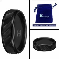 8mm Men's Black Tungsten Carbide With Brushed Grooved Center Wedding Band Ring