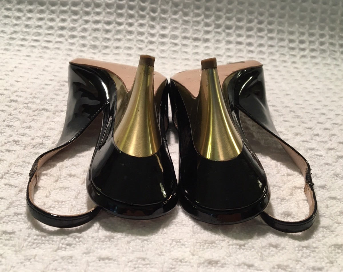 Prada MIU MIU 38 / 8 Black Patent Open Toe Slingbacks Metal Wedge