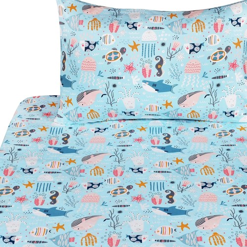 New-Underwater Animals Sea Fishes Turtle Shark Dolphin Twin Sheet Set Gift 100%