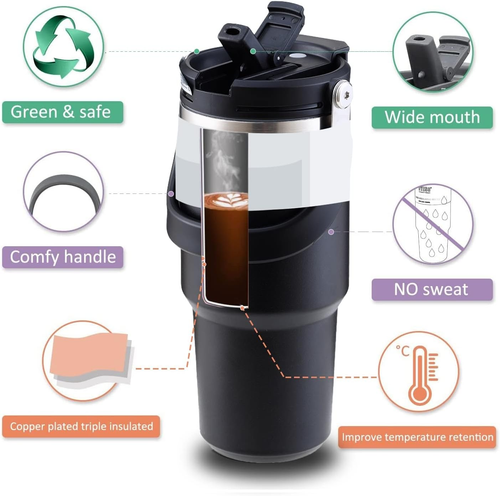 30Oz Black Tumbler Mug with Lid and Straw Insulated Travel Mug with Handle Doubl - Picture 5 of 9