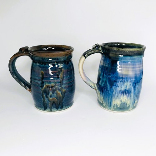 Art Studio Pottery Blue Gloss Glaze Coffee Mugs Cups - Signed - Set of 2 - Picture 3 of 13