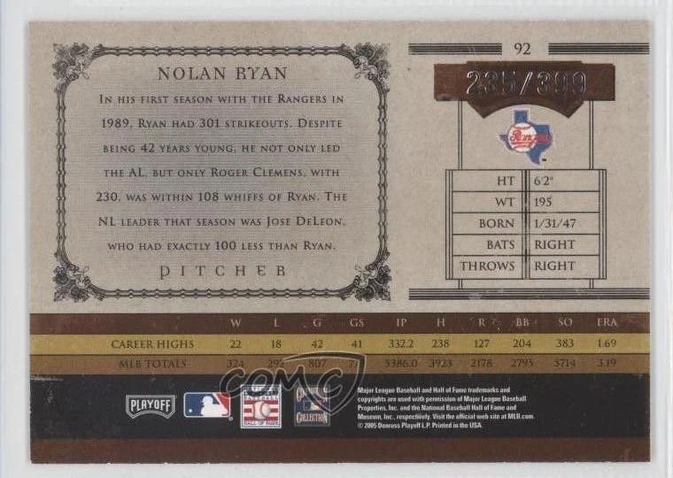 2005 Playoff Prime Cuts /399 Nolan Ryan #92 HOF - Image 2 of 2