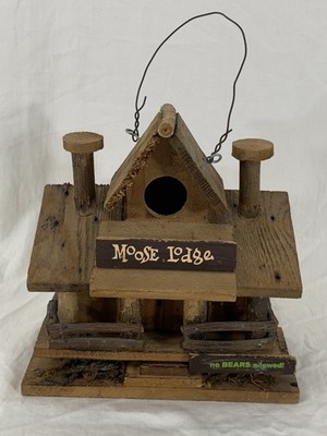 MOOSE LODGE Handcrafted Hangable Bird House Decor 9'' Log Cabin NO BEARS ALLOWED