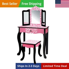 Leopard Prints Wooden 2-pc. Play Vanity Set with Tri-Fold Mirror, Storage Dra...