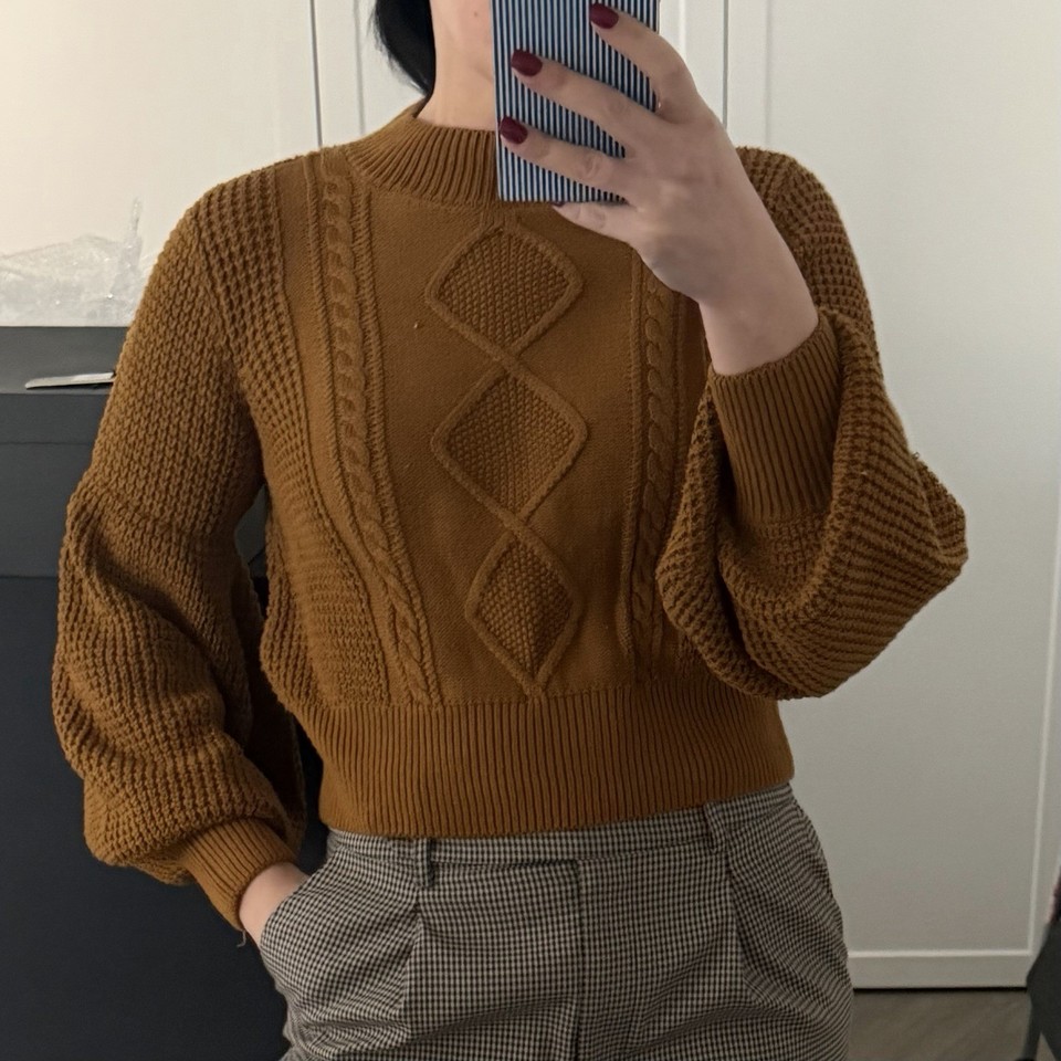 Shona Joy Brown Cable-Knit Balloon Sleeve Jumper S EUC