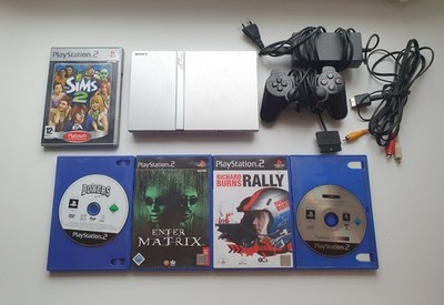 Sony PS2 Slim Konsole + 5 Spiele Matrix, Sims Playstation 2 Silber Paket