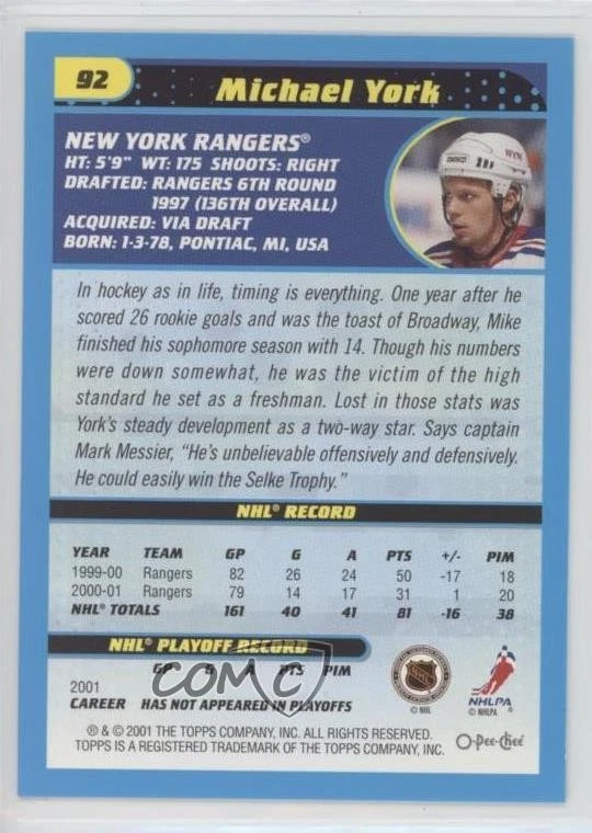 2001-02 O-Pee-Chee Mike York #92 - Image 2 of 2