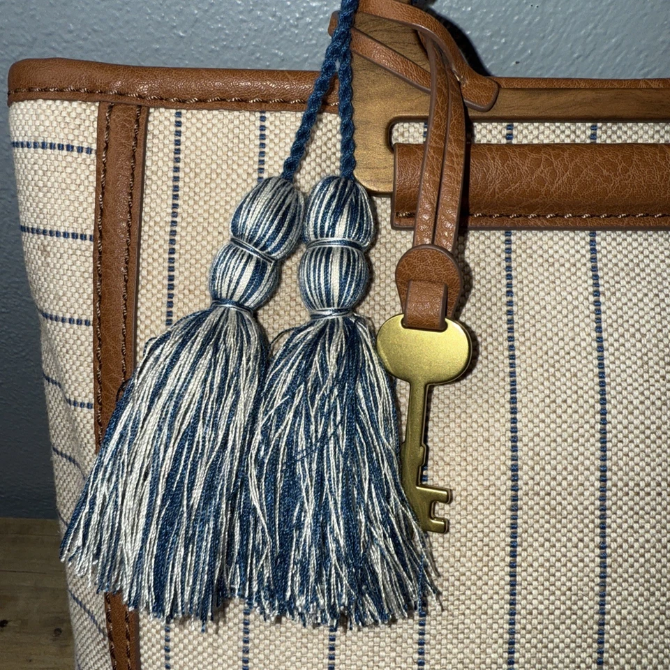 Mochila Convertible Fossil Camilla Bolso de Hombro Beige Lona Rayas Boho Foto 2 de 4