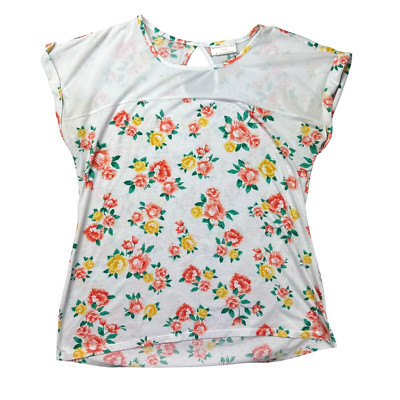 Bobbie Brooks Top Women's Large White Short Sleeve Floral Festival Coastal Cute