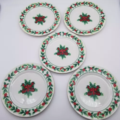 Gibson Christmas Holly & Ivy Berries & Bow 7 5/8" Salad Plates Set Of 5 Holiday