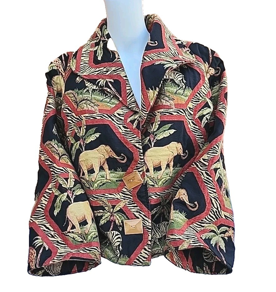 Giacca da donna vintage dipinta pony safari elefante giraffa zebra arazzo taglia L USA