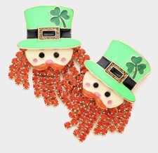 ST PATRICKS DAY LUCK OF THE IRISH LEPRECHAUN DANGLE RHINESTONE PIERCED EARRINGS