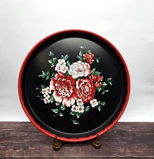 Metal Serving Tray Peony Flowers Red White Toleware Floral 12" Round
