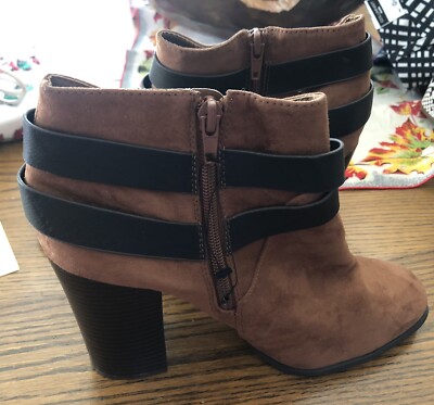 NWOT EXPRESS Brown Suede Boots w/ Black Faux Leather Straps