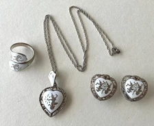 Vintage Thai Sterling Silver Ring, Necklace, Earrings Set, Dancers, Nielloware 