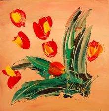 RED TULIPS    Modern Abstract   Original Oil Painting  IMPRESSIONIST