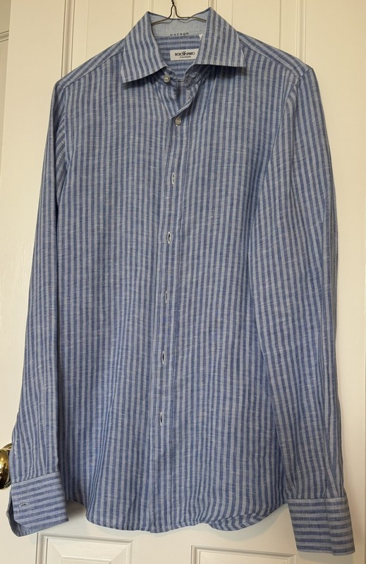 Nero SFumato Positano Premium Italian Mens Linen Shirt, Dk/Lt Blue Stripes