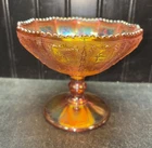 Vtg Imperial Iridescent Marigold ZODIAC SM Carnival Glass Pedestal Compote Bowl