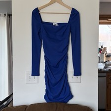 Princess Polly Blue Ruched Long Sleeve Bodycon Mini Dress Square Neck US 6 Knit