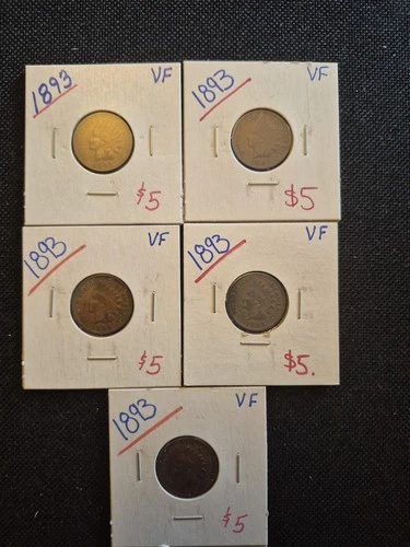 5 Beautiful VF + 1893 Indian Head Penny Coin Collection