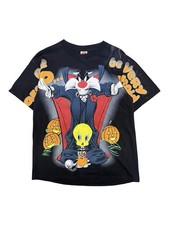 Vintage Looney Tunes Sylvester  Tweety Halloween AOP Black Tee L 90s