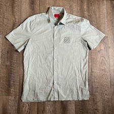 Hugo Boss Shirt Gray Green Graphic Print Logo Button Up Short Sleeve Mens Large