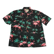 VTG Paradise Found Hawaiian Shirt Mens Large Black Flamingos Palm Trees USA