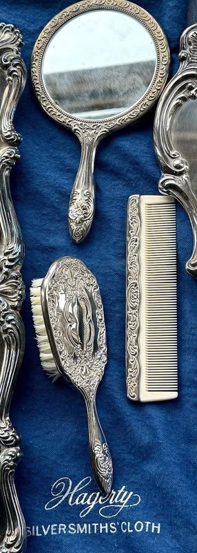 Vintage Silverplate Vanity 3-pcs Set Ornate Embossed Comb Brush Mirror 1950's