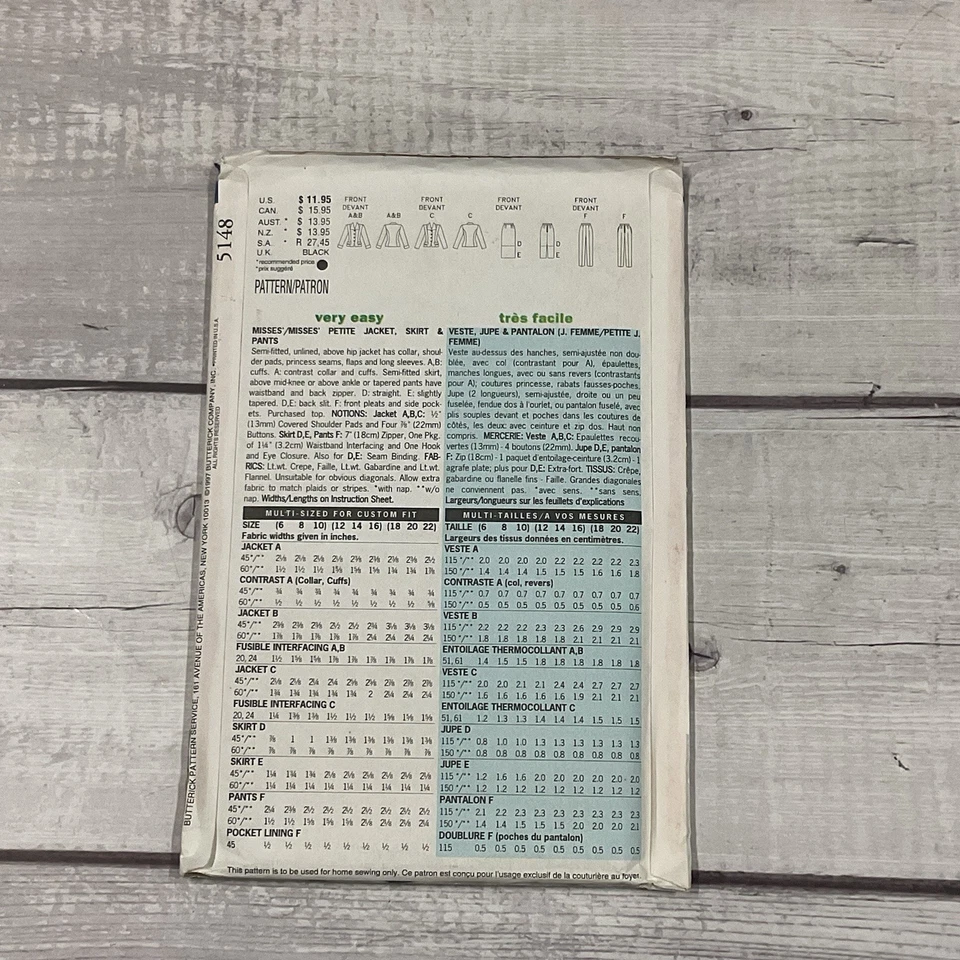 Butterick 5148 Sewing Pattern Jacket Skirt Pants Pantsuit Miss Size 12-16 UNCUT - Image 2 of 4