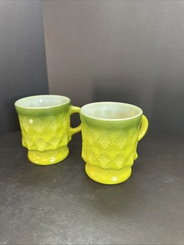 Vintage 2 Anchor Hocking Fire King Green Coffee Cup Mug Kimberly Diamond Pattern