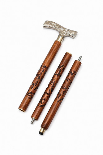 Floral Carved Walking Cane Wooden Folding Stick Brass Handle Mobility Aid