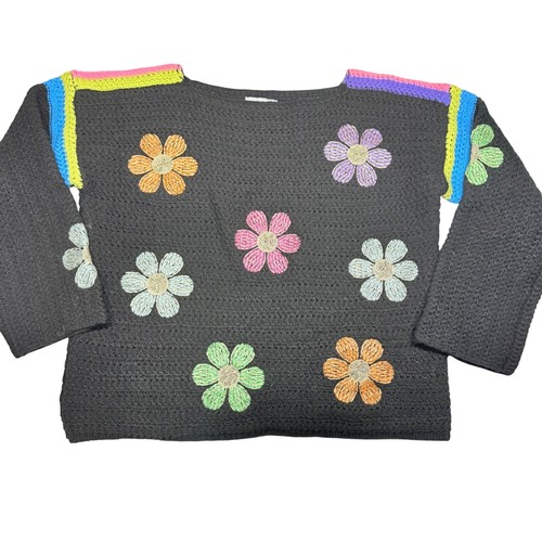 Whimsigoth Black Crochet Flower Sweater Womens Small Embroidered Boho Multicolor - Picture 1 of 9