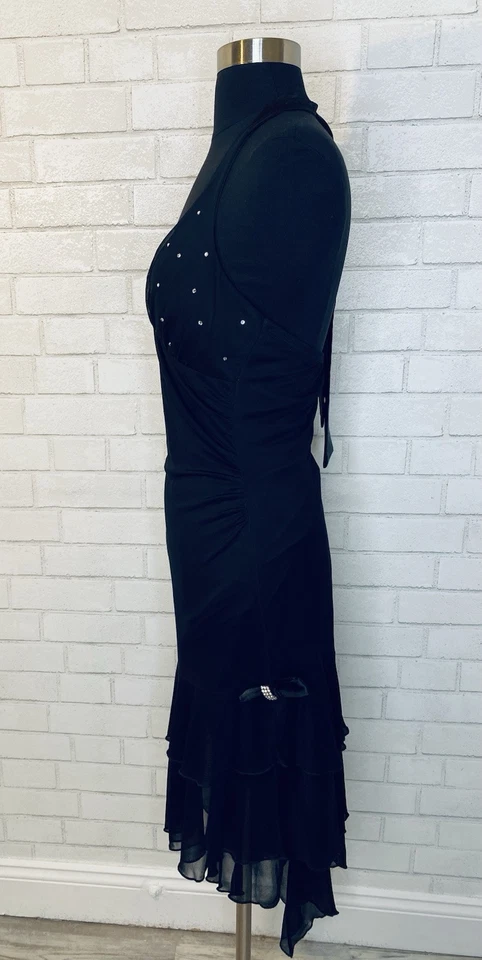 Vestido de formatura formal preto vintage anos 90 Y2K alto baixo assimétrico fada caprichoso M - Imagem 4 de 4