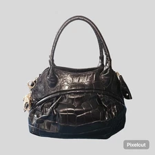 Furla Black Leather Crocodile Embossed Shoulder Bag with Two Top Handles