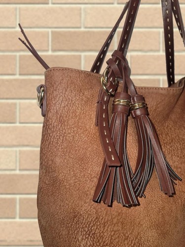 CHARMING CHARLIE ~ Large BROWN Faux Nubuck Top Handle Convertible Tote Bag Purse - Picture 2 of 15