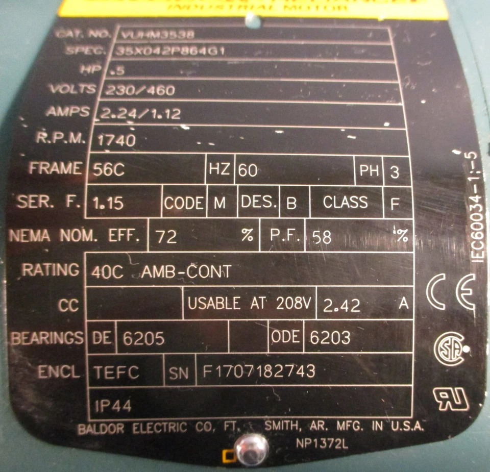 Baldor Reliance VUHM3538 Industrial Motor 35X042P864G 0.5HP 1740RPM 5/8" Shaft D - Image 4 of 4