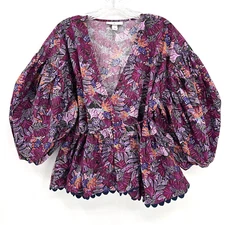 KIKA VARGAS + TARGET Women's Sz L Purple Floral V-Neck Balloon-Sleeve Wrap Top