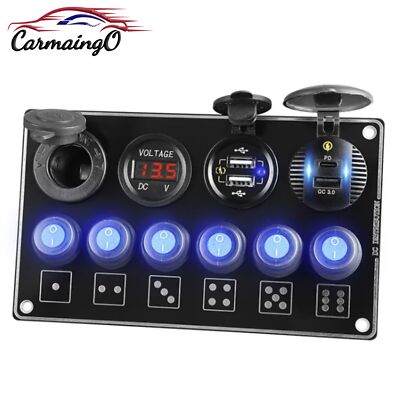 6 Gang LED Circuit Toggle Switch Panel +Voltage +USB +Charger Car Marine Boat