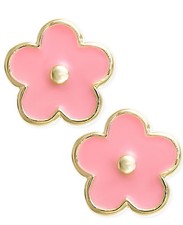 14k Yellow Gold Pink Enamel Flower Baby Earrings with baby Screw Backs