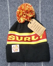 SURLY BREWING CO Winter Knit Cuffed PomPom Hat Cap Black, Maroon & Gold - NEW