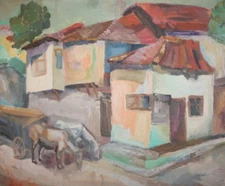 Antique Impressionist oil painting village scene