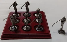 Vtg Golf Tic Tac Toe Game Pewter Pieces 6x6 " Cherry Base Office Desk Game VGC