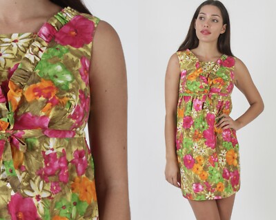 Vtg 70s Hot Pink Nature Print Hawaiian Tropical Resort Tiki Cocktail Mini Dress