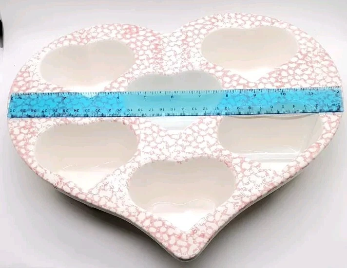 Vtg STONEWARE Heart Shaped Pan Pink /White Spongeware Bake Dish 6 Muffin 12"x10"