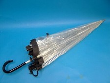 Vintage Used Mid-Century Modern Clear Plastic Wood Handle Umbrella Black
