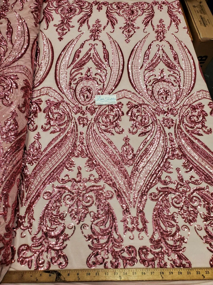 Pink "Hourglass Design" Stretch Nylon Spandex Mesh Sequin Fabric DIY Dress BTY - Image 4 of 4