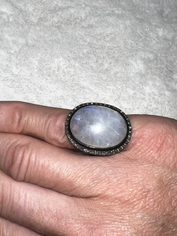 HSN Large Rainbow Moonstone White Zircon Sterling Silver Ring Sz 5 - Image 2 of 4